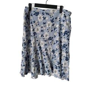 Studio West Floral Striped Tiered Midi Skirt Blue White Rayon XL Boho Fringe